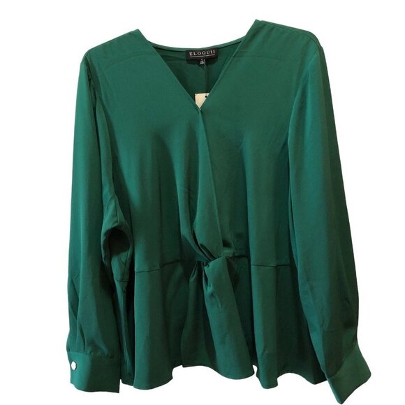 Eloquii Womens Size 28 Emerald Green Long Sleeve V Neck Blouse Shirt Top - Picture 2 of 12